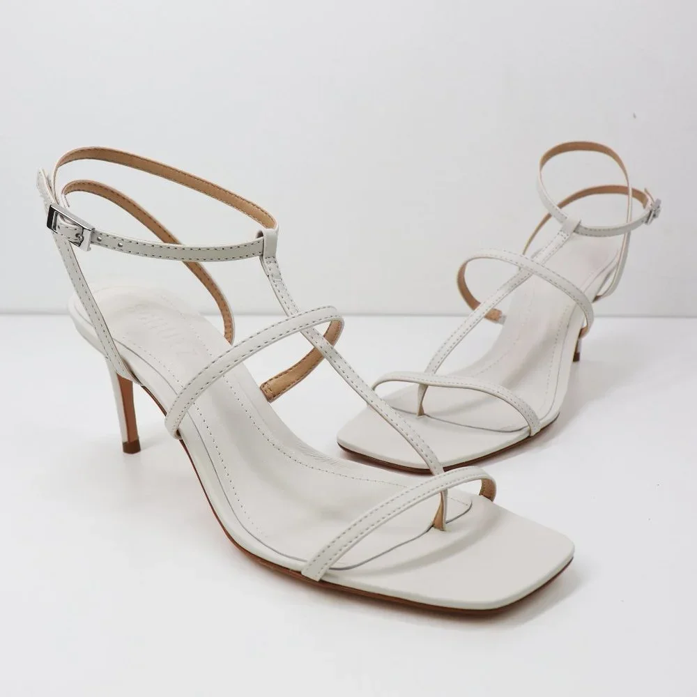NWT Schutz Ameena Leather T-Strap Sandals Ankle Strap Kitten Heel Pearl Cream 7 - Picture 7 of 9